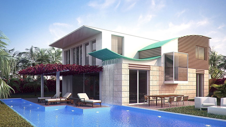 Modern Tropical Villa Exterior With Swimming Pool And Garden