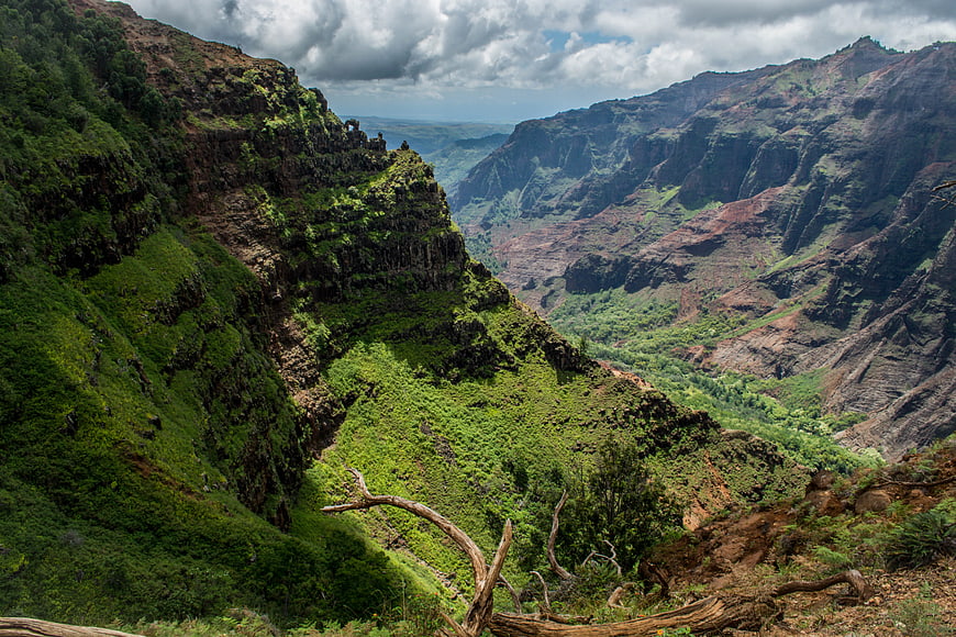 Dramatic Green Mountain Canyon with Cloudy Sky