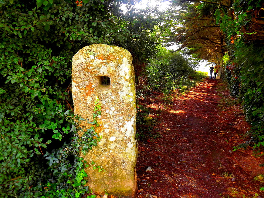 Ancient Menhir Stone Marker on Forest Trail in Brittany