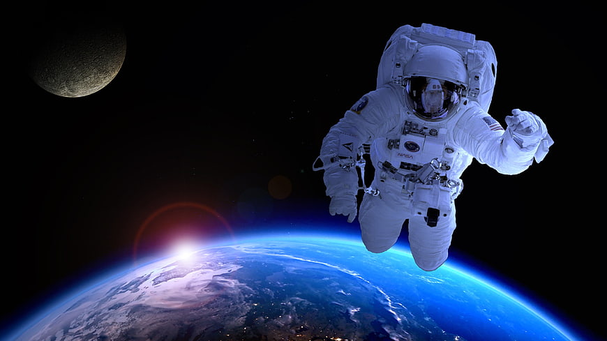 Astronaut Spacewalk Above Earth and Moon