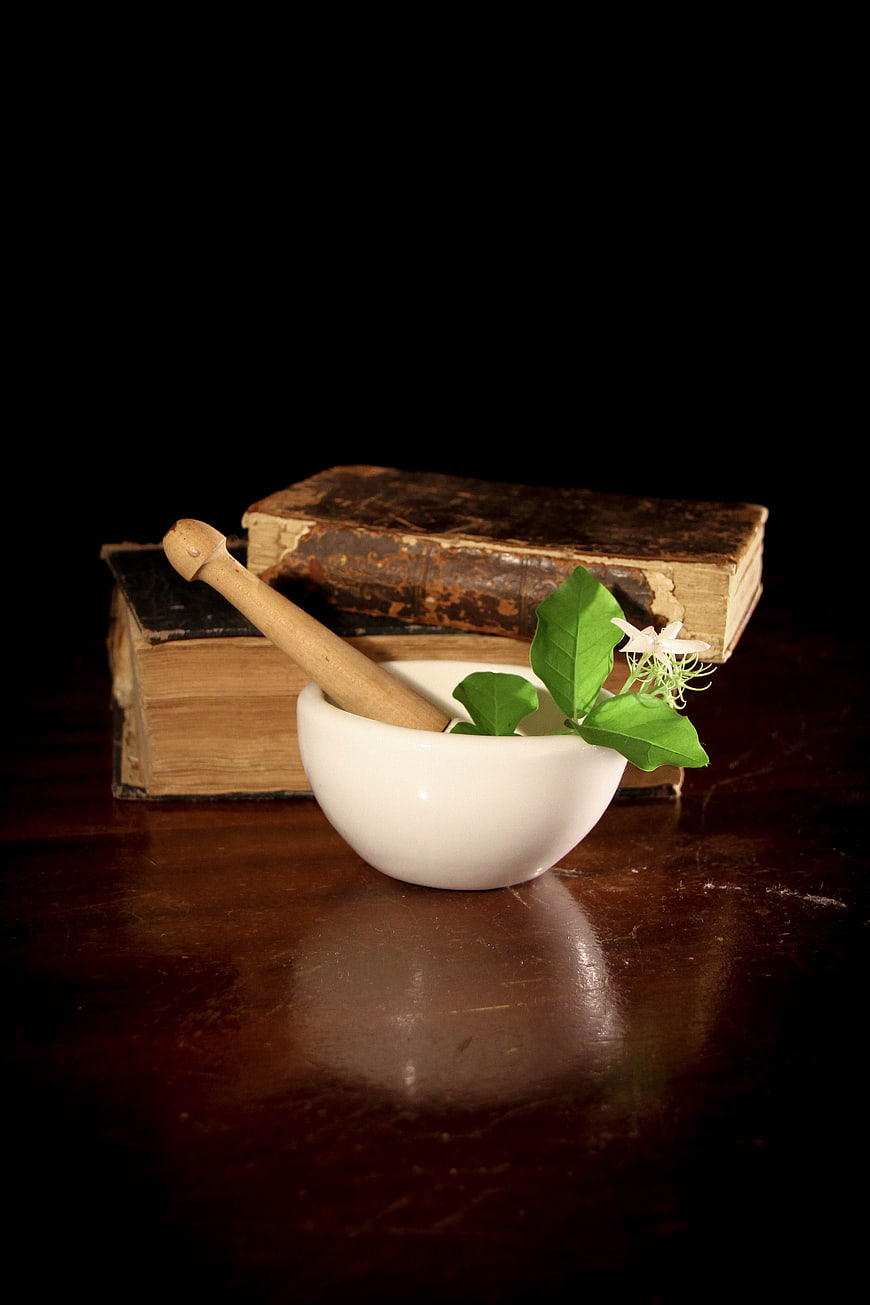 Vintage Herbal Medicine Still Life with Mortar and Pestle