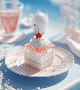Layered Strawberry Jelly Cake with Cherry and Whipped Cream