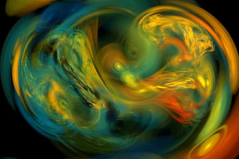 Abstract swirling flame fractal art with blue and gold colors
