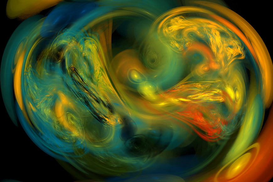 Abstract swirling flame fractal art with blue and gold colors