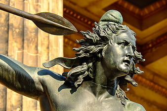 Close-up of Bronze Warrior Woman Statue with Spear