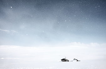 Snowy Landscape with Cabin and Falling Snowflakes