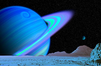 Vibrant Blue Ringed Planet Over Alien Landscape Digital Art