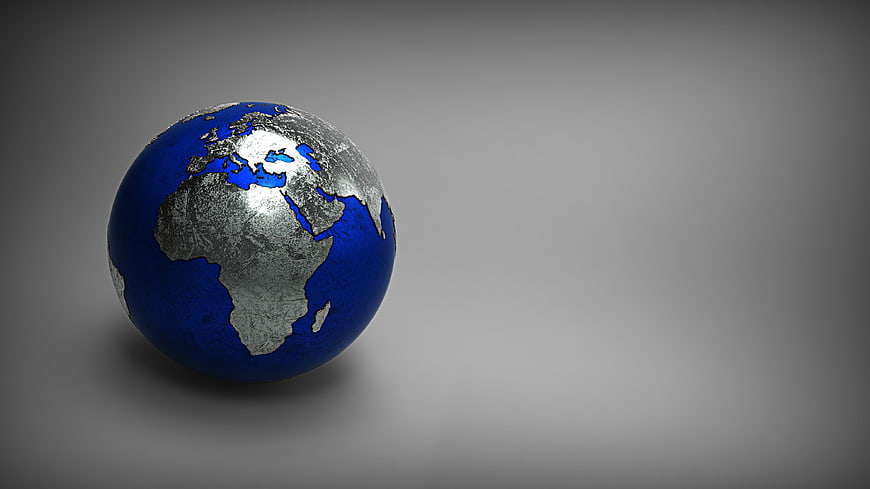 3D Rendered Metallic Globe with Blue Oceans and Silver Continents