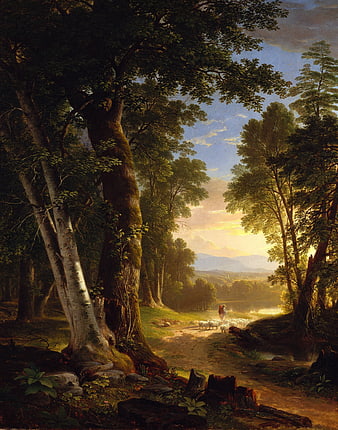 Classic 19th Century Oil Painting of a Forest Landscape with Shepherd