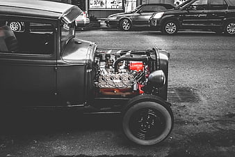Vintage Hot Rod with Exposed Engine and Selective Color