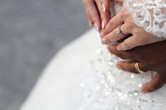 Close-up of wedding rings on bride and groom hands