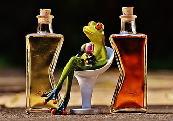 Cute Green Frog Figurine Relaxing with Wine Between Bottles