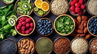 Top View of Healthy Superfoods in Wooden Bowls