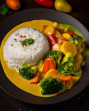 Vegan yellow curry with broccoli and rice on dark plate