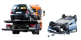 Tow truck carrying damaged car and overturned wreck isolated