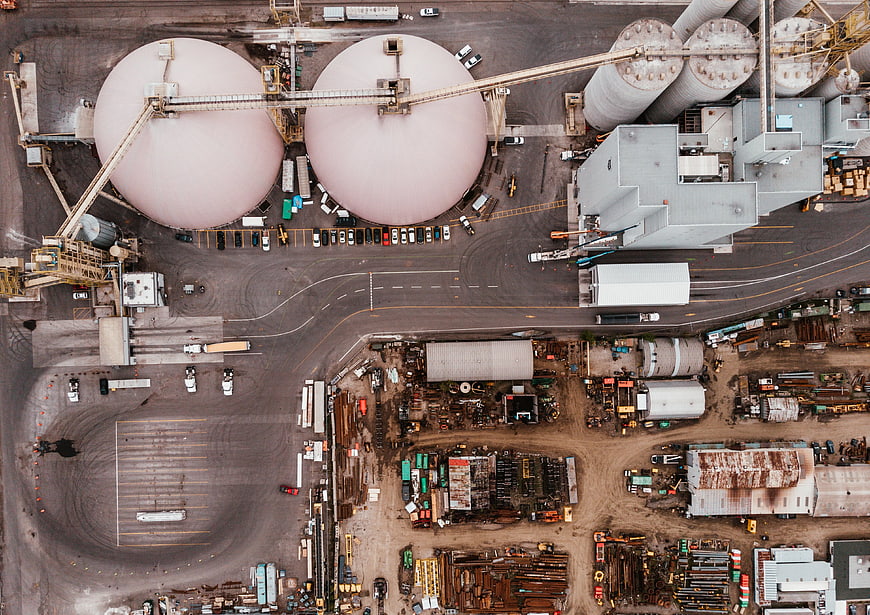 Aerial View of Industrial Facility with Large Storage Tanks