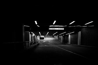 Moody Black and White Underground Parking Garage Interior