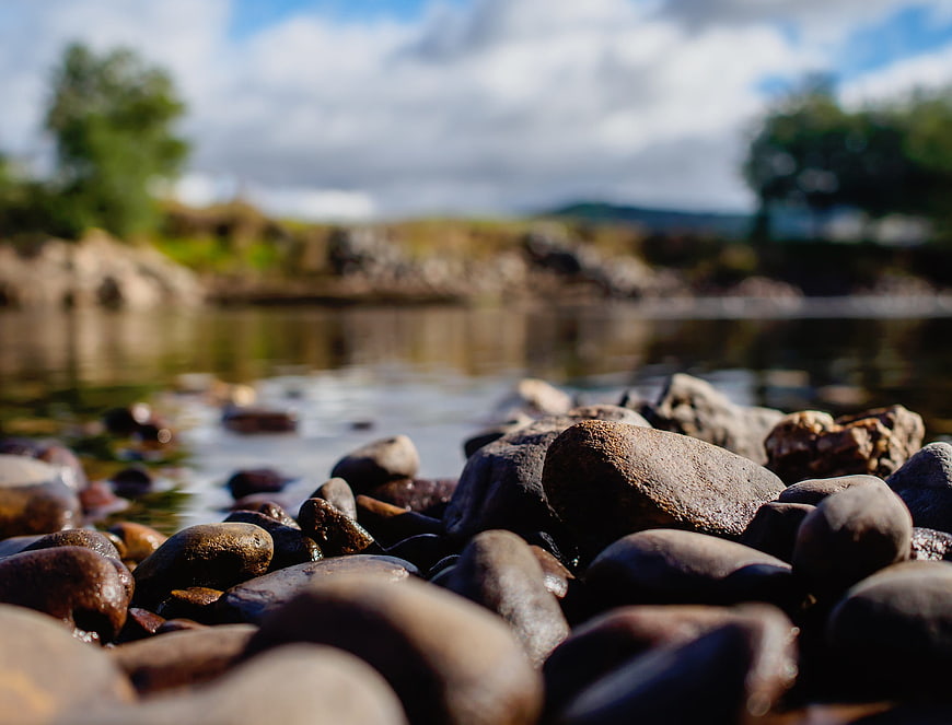 Close-up of wet river stones with blurred water background