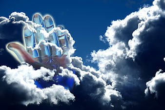 Translucent Hand Emerging from Clouds in Blue Sky