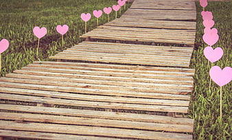 Wooden path lined with pink hearts in green grass