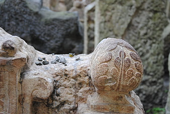 Close-up of weathered stone carving with floral relief pattern