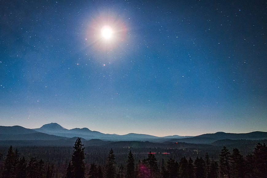 Full Moon Over Mountain Range and Forest at Night