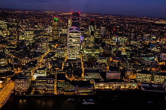 Aerial Night View of London City Skyline and River Thames