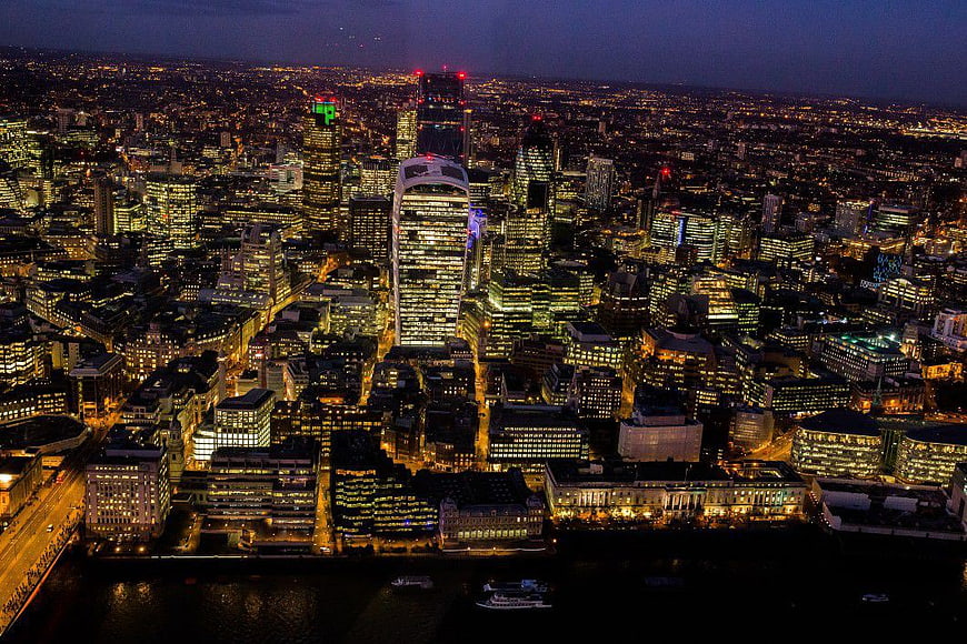 Aerial Night View of London City Skyline and River Thames