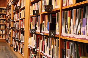 Library Bookshelves With Alphabetical Index Cards
