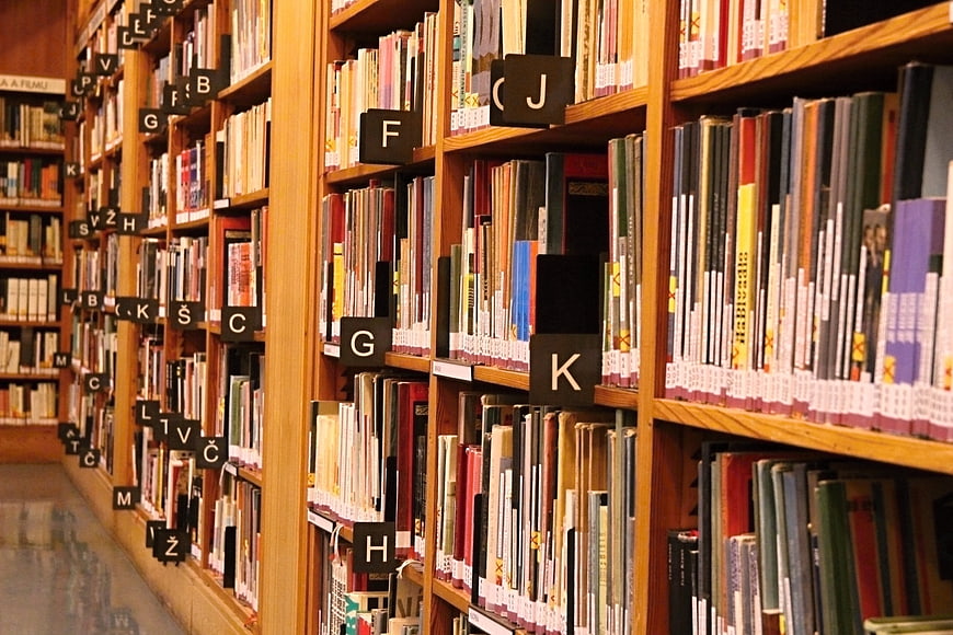 Library Bookshelves With Alphabetical Index Cards