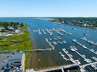 Aerial View of Busy Coastal Harbor with Boats and Marina
