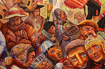Vibrant Cusco Carnival Painting Featuring Traditional Quechua Musicians and Dancers