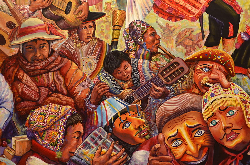 Vibrant Cusco Carnival Painting Featuring Traditional Quechua Musicians and Dancers