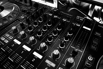 Close-up of Pioneer DJ mixer in black and white