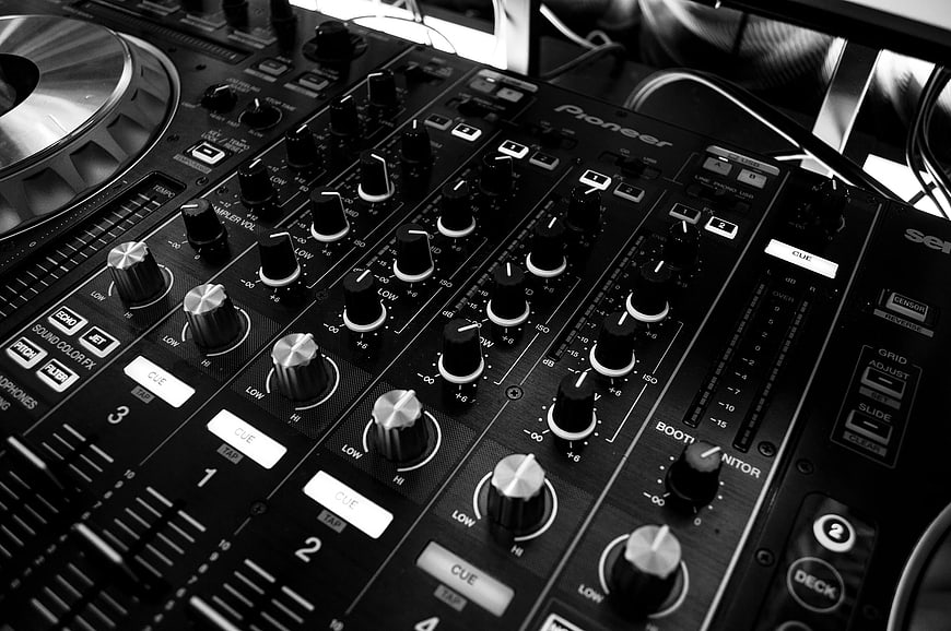 Close-up of Pioneer DJ mixer in black and white