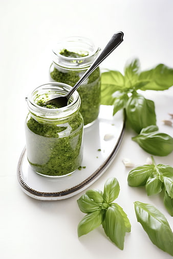Fresh Basil Pesto in Glass Jars with Spoon