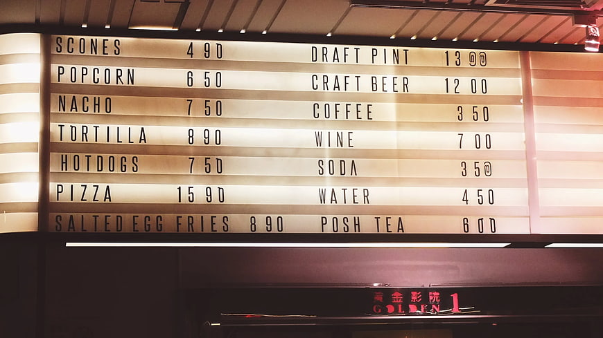 Vintage Cinema Concession Menu Board with Prices