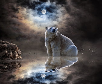 Majestic Polar Bear Standing in Water Under Full Moon