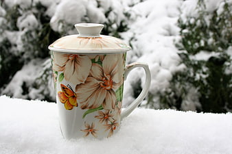 Floral Tea Cup with Lid in Snowy Winter Landscape