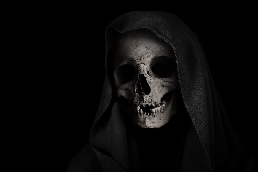 Hooded Skull in Darkness - Dramatic Black and White Portrait