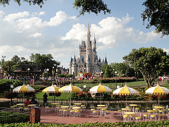 Cinderella Castle at Magic Kingdom with Outdoor Dining Area