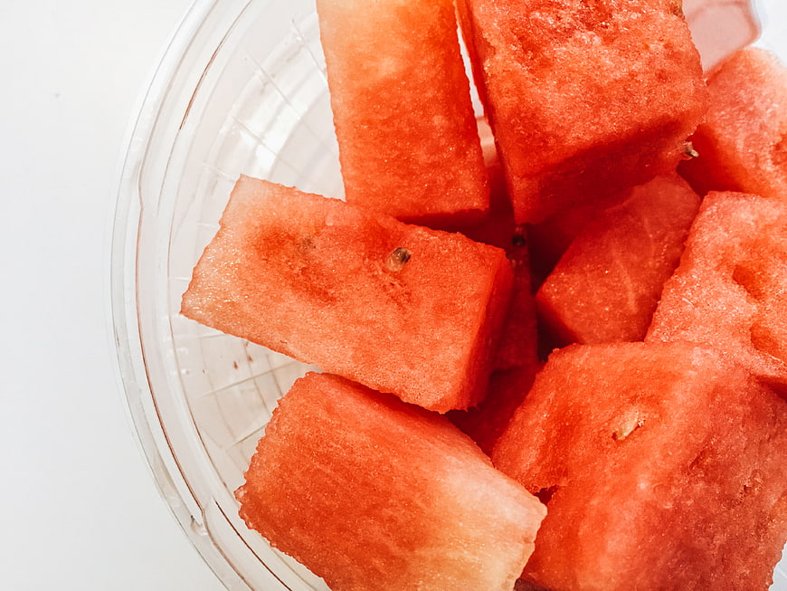 Fresh Watermelon Cubes in Clear Plastic Bowl
