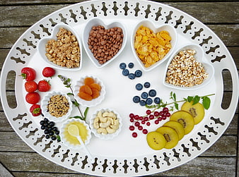 Healthy breakfast spread with granola, fruits, and nuts on a white tray