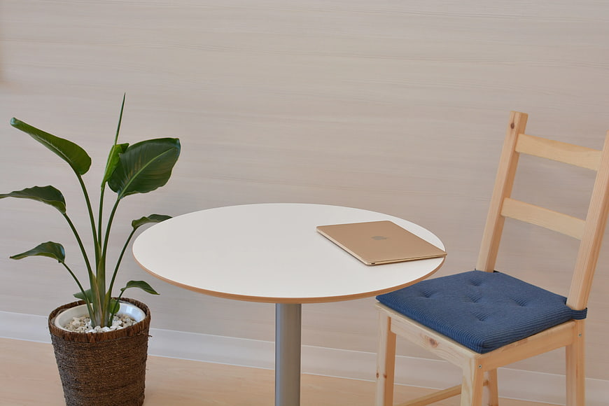 Minimalist workspace with laptop, chair, and plant
