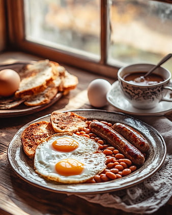 Hearty Full English Breakfast with Eggs, Sausages, and Beans