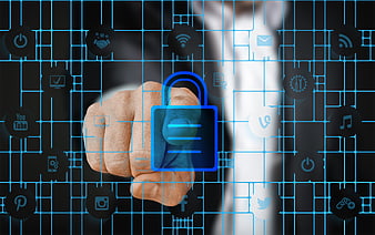 Businessman touching digital padlock on futuristic interface