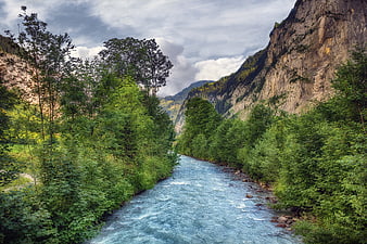 Majestic Alpine River Flowing Through Lush Green Canyon Landscape