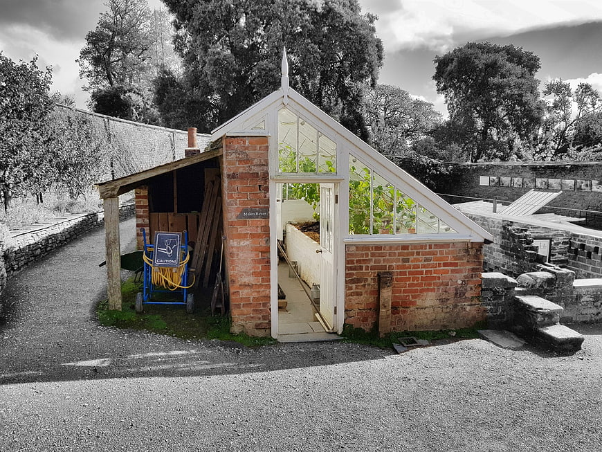 Selective Color Brick Greenhouse in Garden