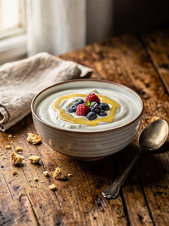 Rustic Yogurt Bowl with Berries and Honey on Wooden Table