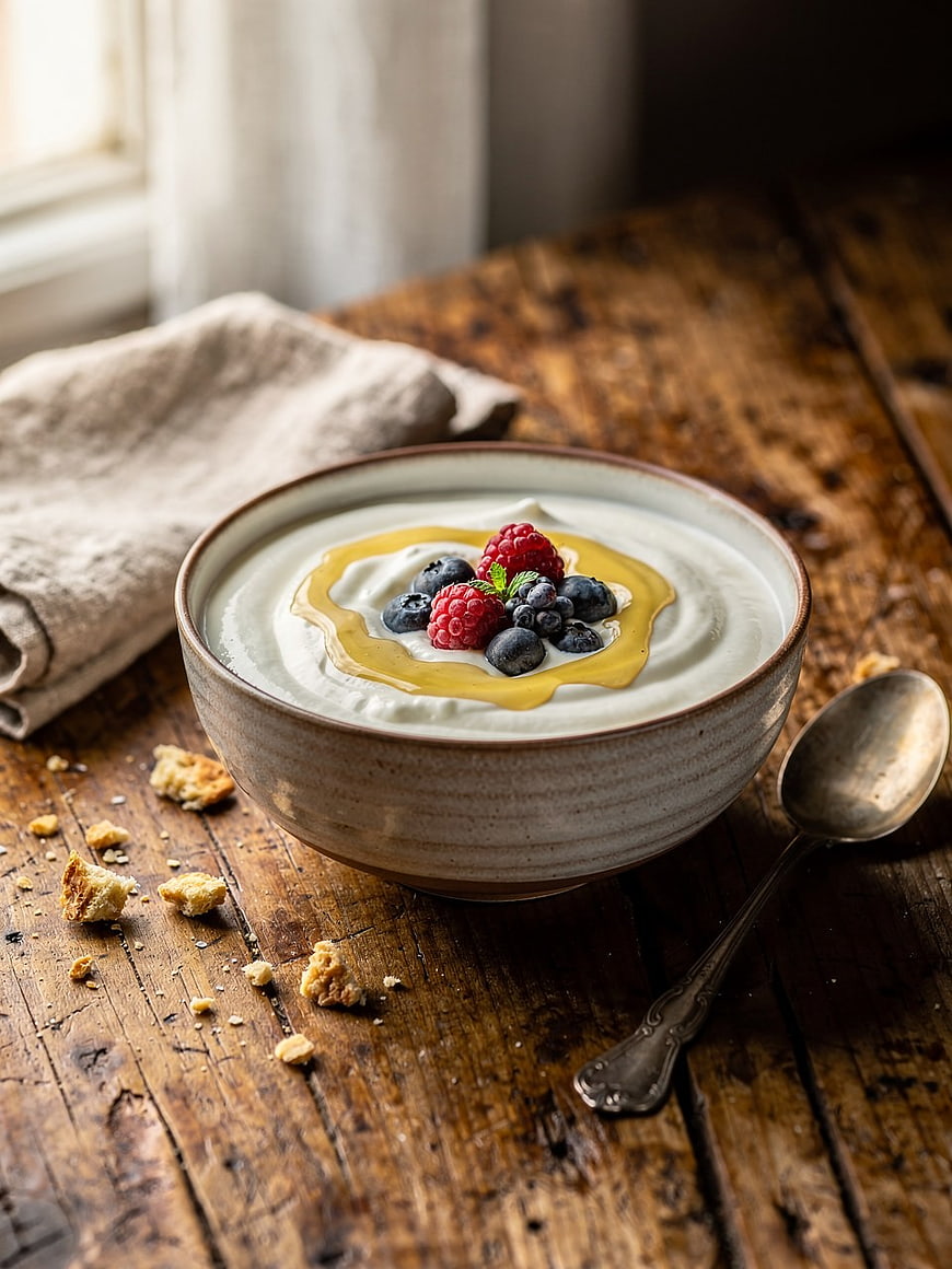 Rustic Yogurt Bowl with Berries and Honey on Wooden Table